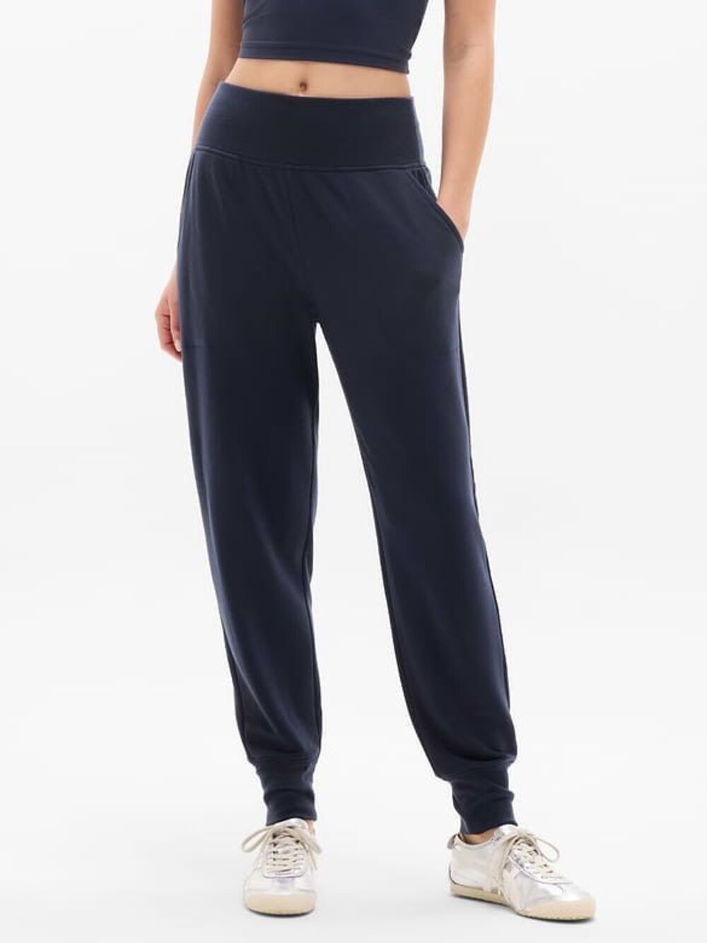 Athleta $80 Coaster Luxe High Rise Jogger Pants navy blue Women's L NEW
